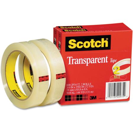 3M Scotch Double-Sided Tape, 3 Core, Transparent, 3/4 x 1296 - 2 rolls